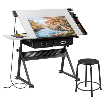 SUPER DEAL Adjustable Drafting Table Set with Charging Station, Tilting Drawing Desk Artist Desk with Stool Multifunctional Art Craft Workstation with 2 Storage Drawers, White