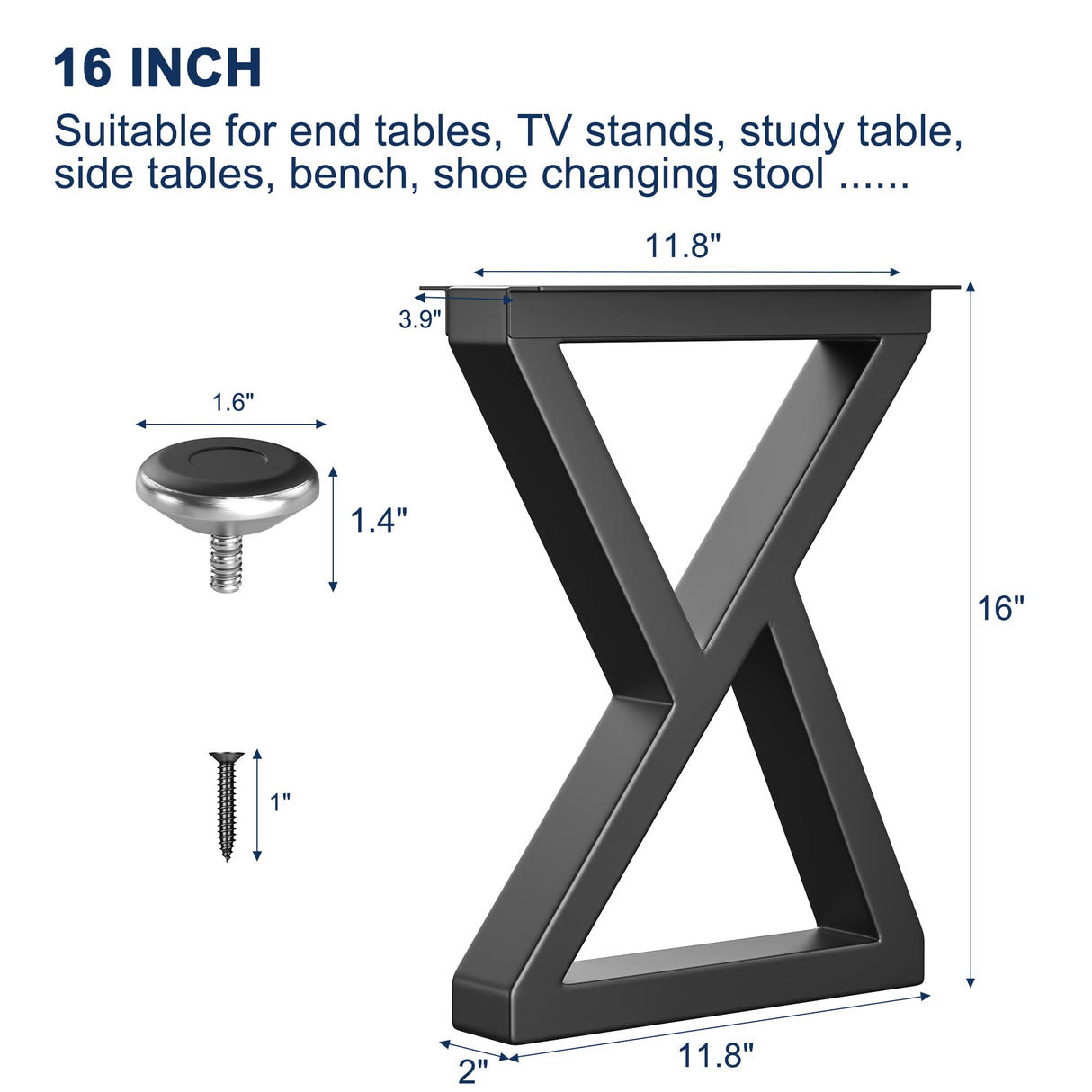 Likapop 16" Metal Bench, Desk and Coffee Table Legs, Heavy Duty Furniture Legs, Black End Table Legs, DIY Legs (H16" x W11.8", Set of 2) Likapop