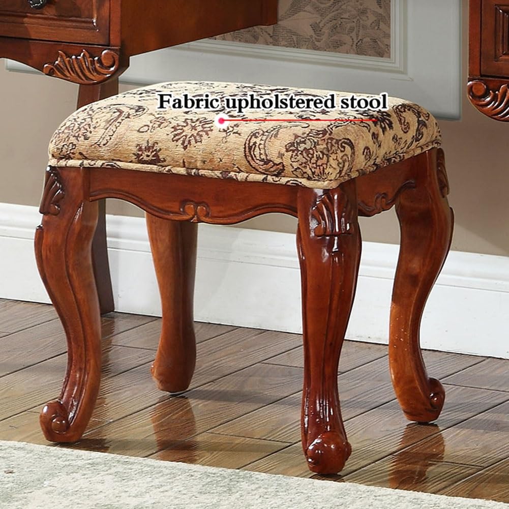 HEBEHO Mid Century Antique Makeup Vanity 39in, European Vintage Brown Makeup Table with 5 Drawers and Mirror, Fabric Upholstered Stool, Bedroom Dressing Table for Women Girls, 100x48x78cm HEBEHO
