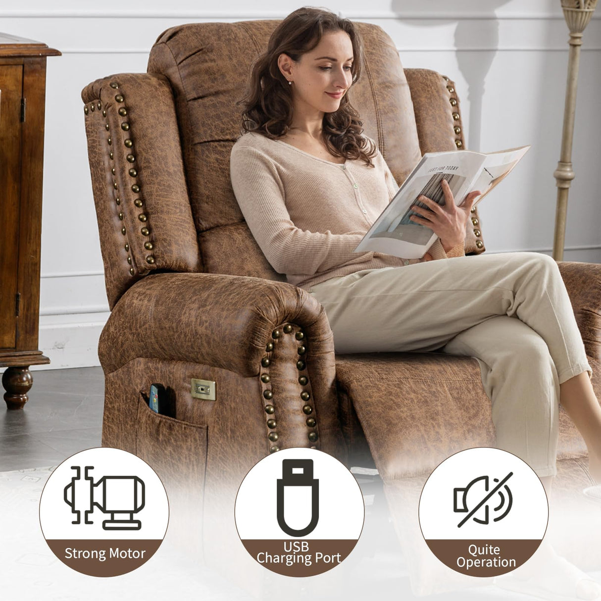 HAOMARKETS Classic Power Recliner Chair with Massage and Heat, Breathable Faux Leather Electric Recliner with USB Port, Overstuffed Reclining Sofa with Rivets for Living Room, Brown HAOMARKETS