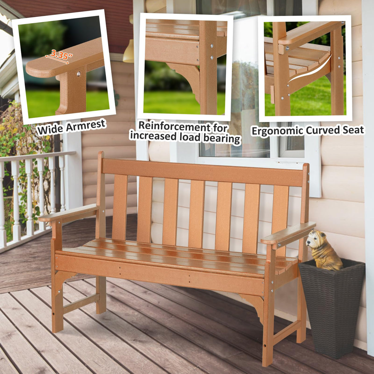 nalone Outdoor Bench, HDPE All Weather Patio Bench Load up to 800 Lbs, 2-Person Garden Bench Rot-Proof Fade Proof for Patio, Porch, and Park (Teak) nalone