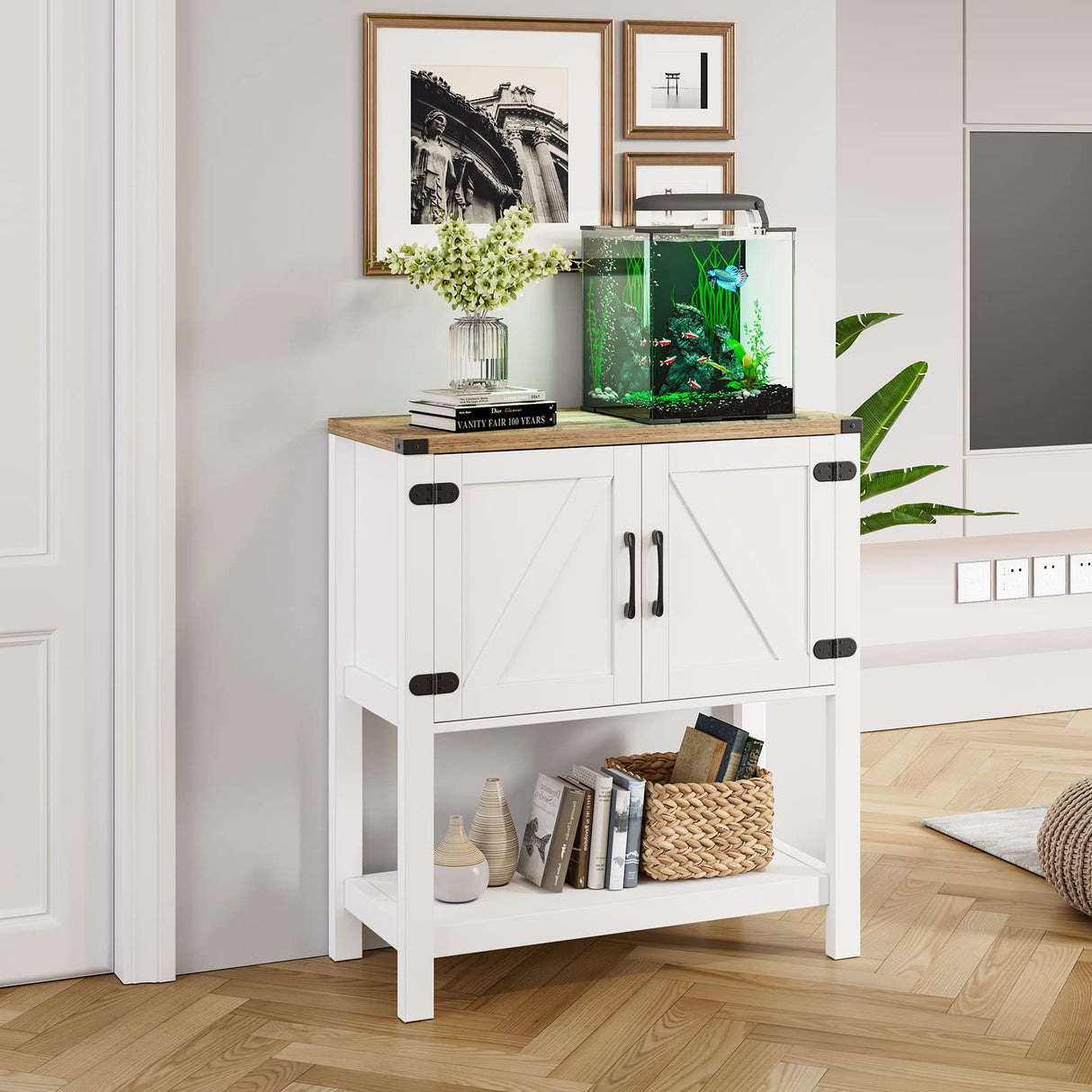 Mufico Farmhouse Console Table with Storage Cabinets – Versatile Entryway and Coffee Bar Table in White Mufico