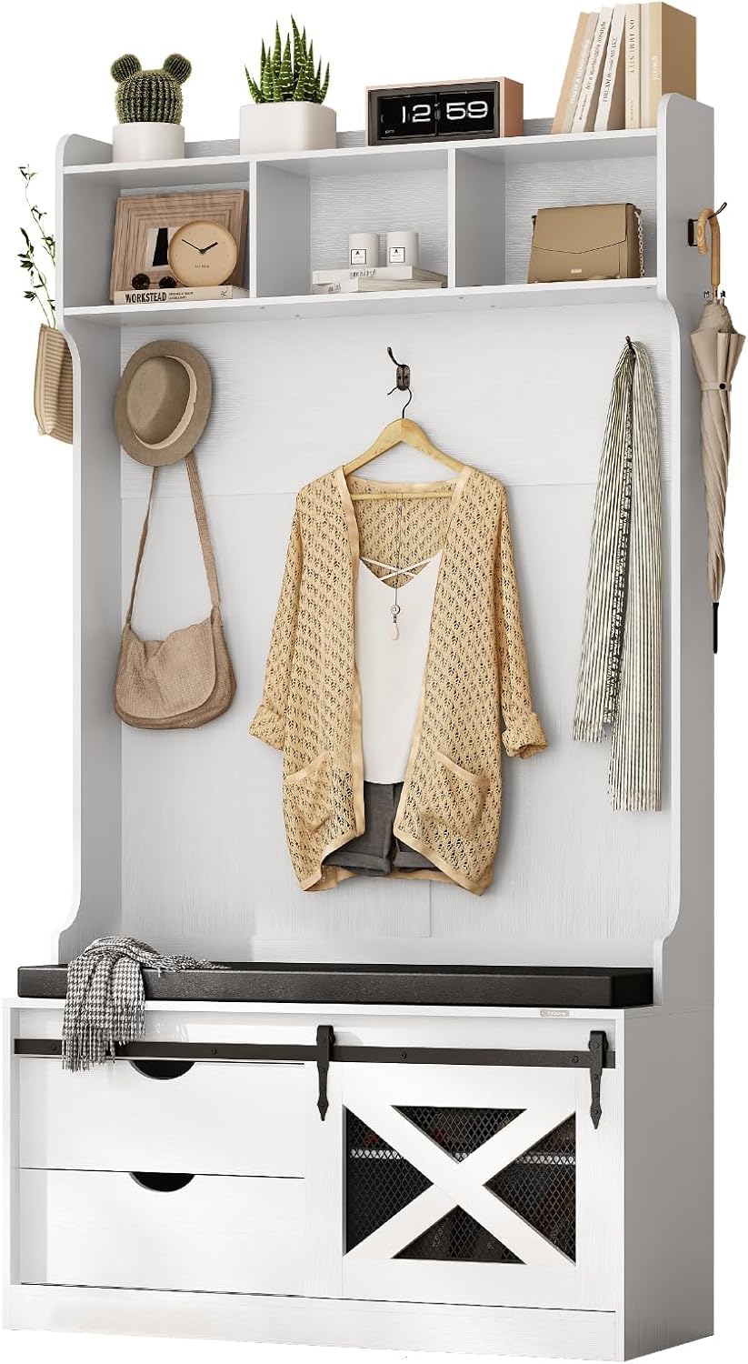 Redlife Entryway Hutch,Hall Tree with Storage Bench, Farmhouse Entryway Bench with Coat Rack, 6-in-1 Coat Rack with Bench, Entrance Organizer with Shoe Storage, Hall Tree with Bench for Hallway Redlifeᅟᅠ