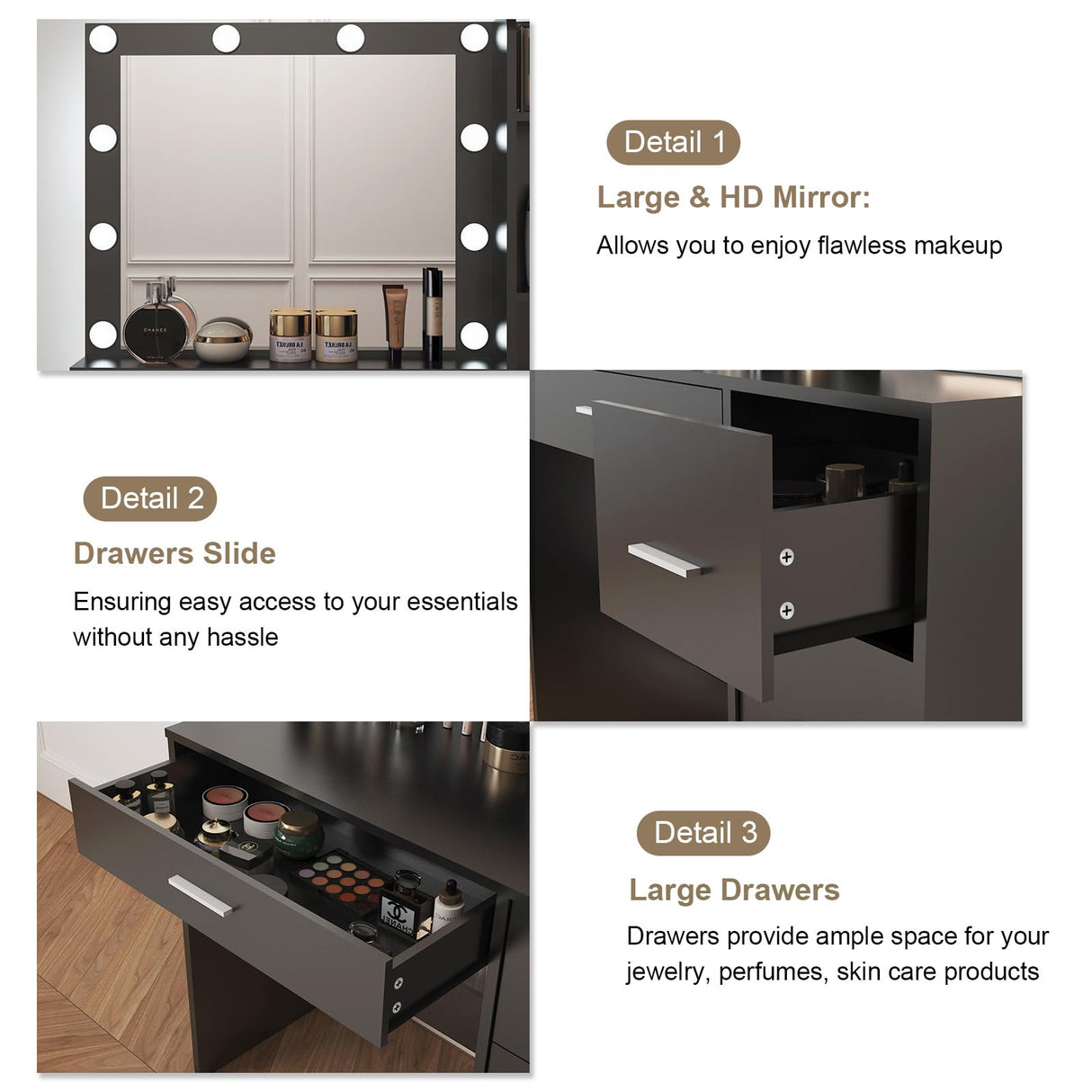 DINGIPP Makeup Vanity Desk with Lighted Mirror and Charging Station, Makeup Table with 4 Drawers & Storage Shelves, Vanity Desk 3 Color Modes Available, Bedroom Dressing Table for Women, girls (Black) DINGIPP