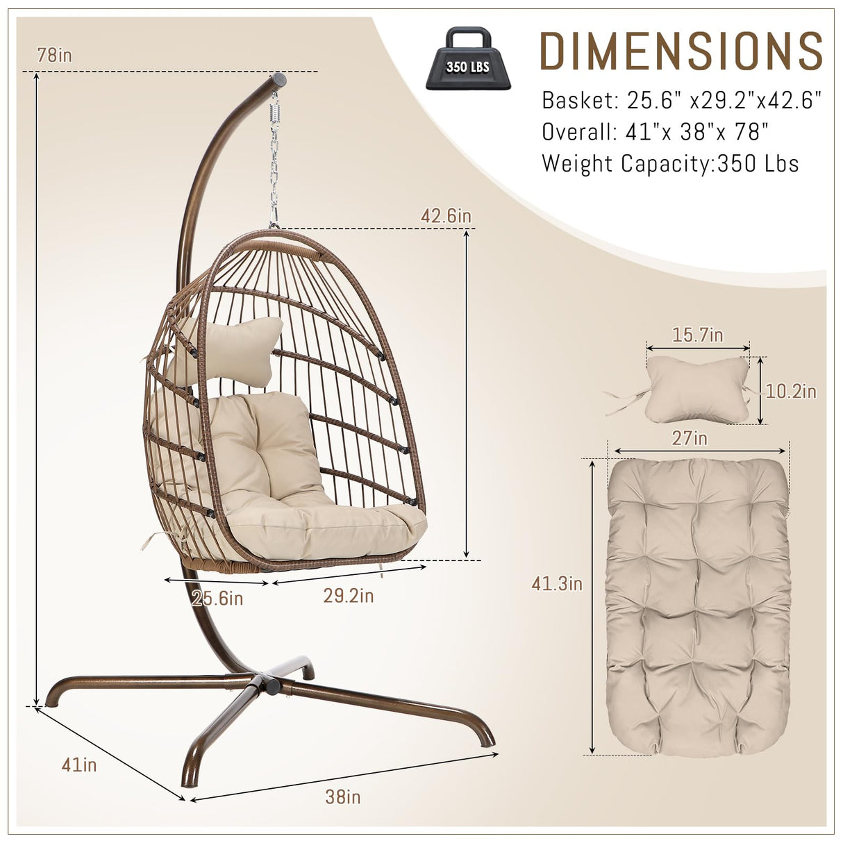 RADIATA Patio Hanging Egg Chair with Stand, Rattan Swing Chair with Cushion and Pillow, Wicker Hammock Chair for Indoor Outdoor Bedroom Living Room Garden (Brown with Cover) RADIATA