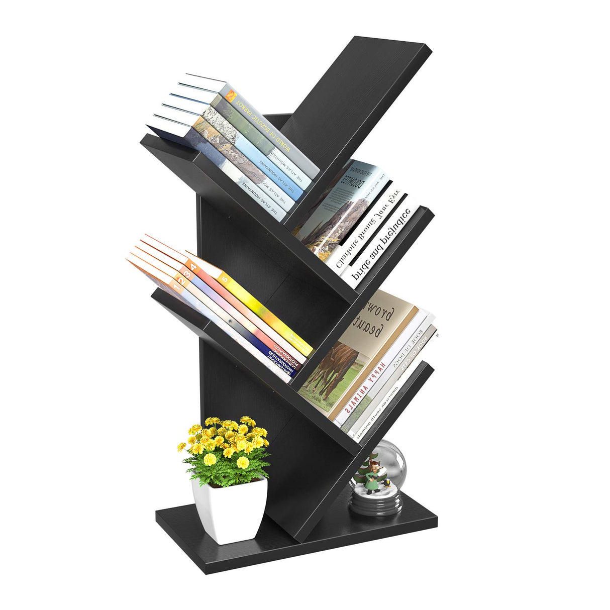 Topfurny Tree Bookshelf, 4-Tier Book Storage Organizer Shelves Floor Standing Bookcase, Wood Storage Rack for Office Home School Shelf Display for Cd/Magazine/Book -Black Topfurny