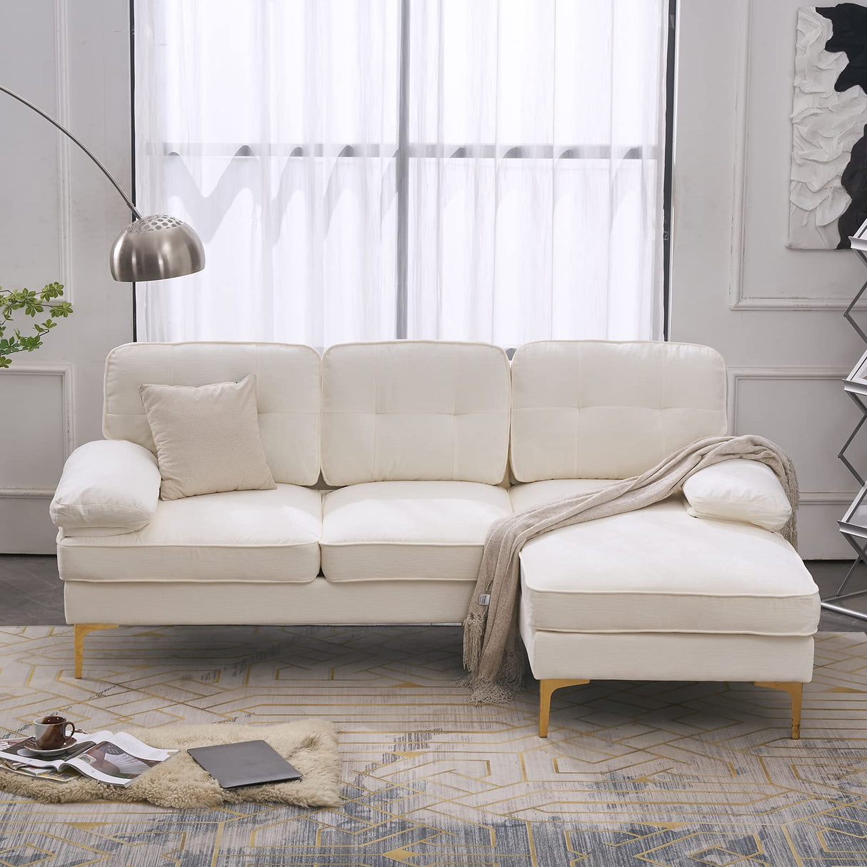 Karl home Sectional Sofa 83" L-Shape Sofa Couch 3-Seat Couch with Chaise ChenilleFabric Upholstered for Living Room, Apartment, Office, Creamy-White Karl home