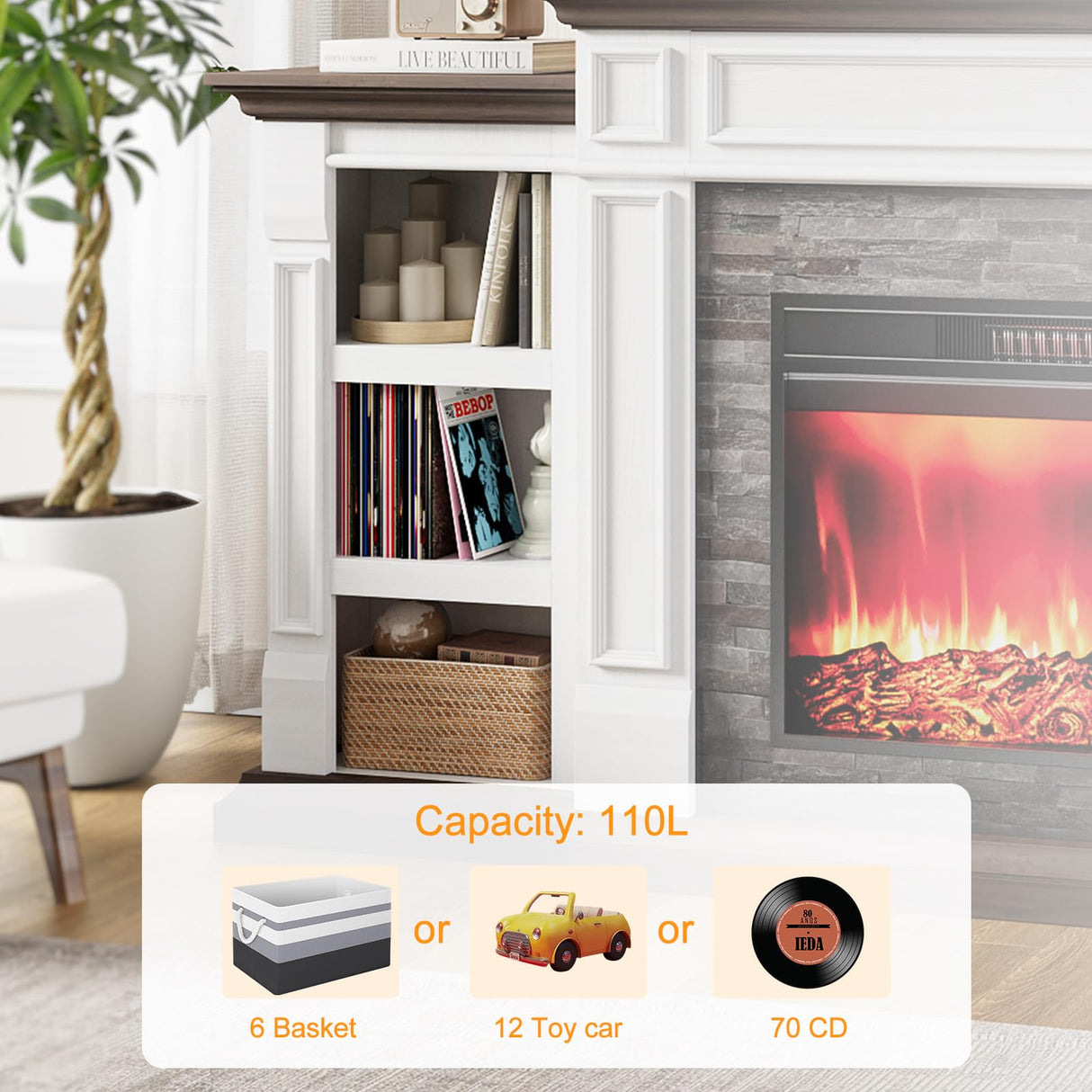 LGHM 80" Electric Fireplace with Mantel, Fireplace TV Stand for TVs Up to 90 Inch, Farmhouse Entertainment Center with Storage, Realistic Stacked Stone Surround with Remote Control for Living Room LGHM