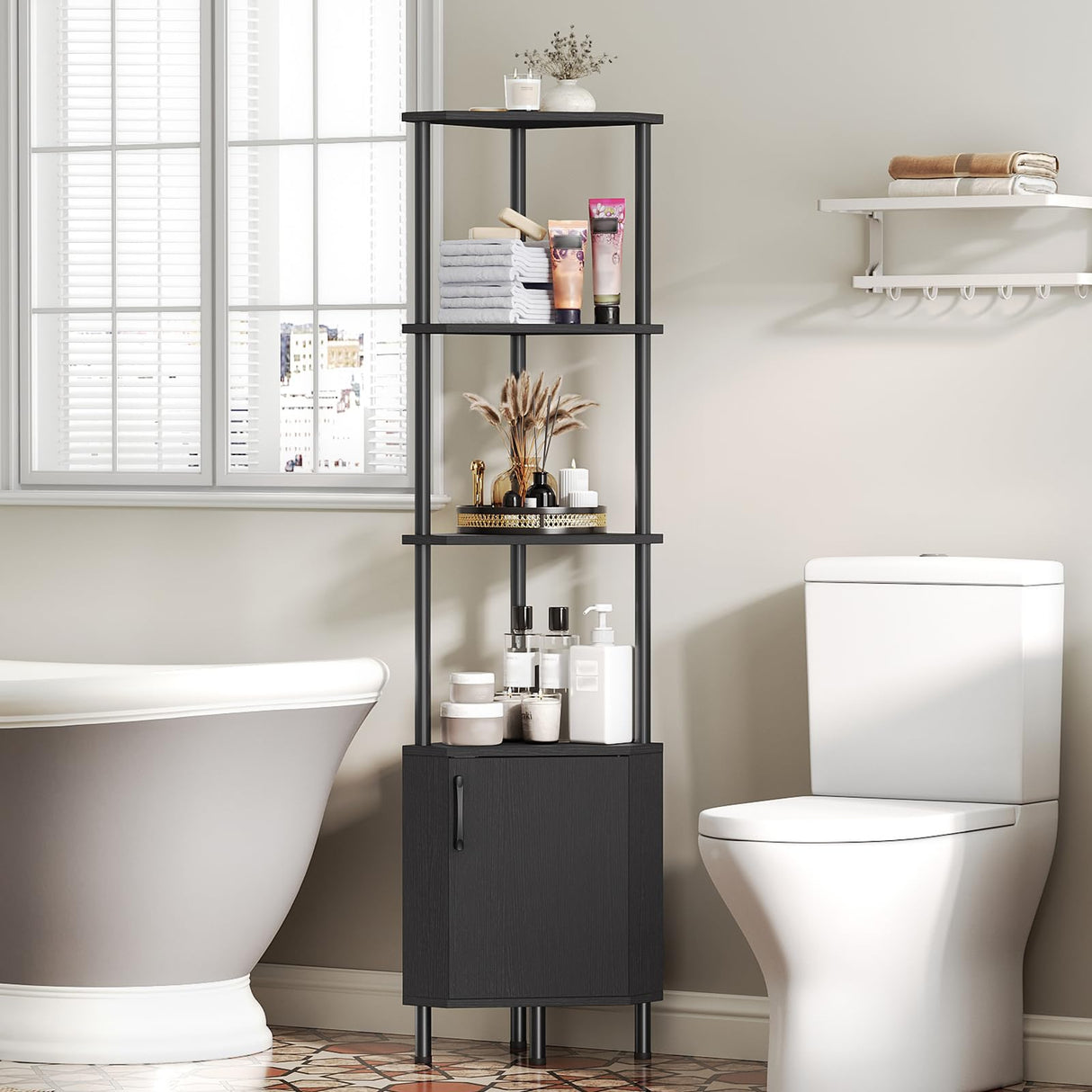 HOOBRO Corner Cabinet with LED Light, Corner Shelf Stand with Storage and Doors, 5-Tier Industrial Corner Bookshelf, 59” Tall Display Rack Shelf, for Living Room, Kitchen, Black BB147DCJ01 HOOBRO