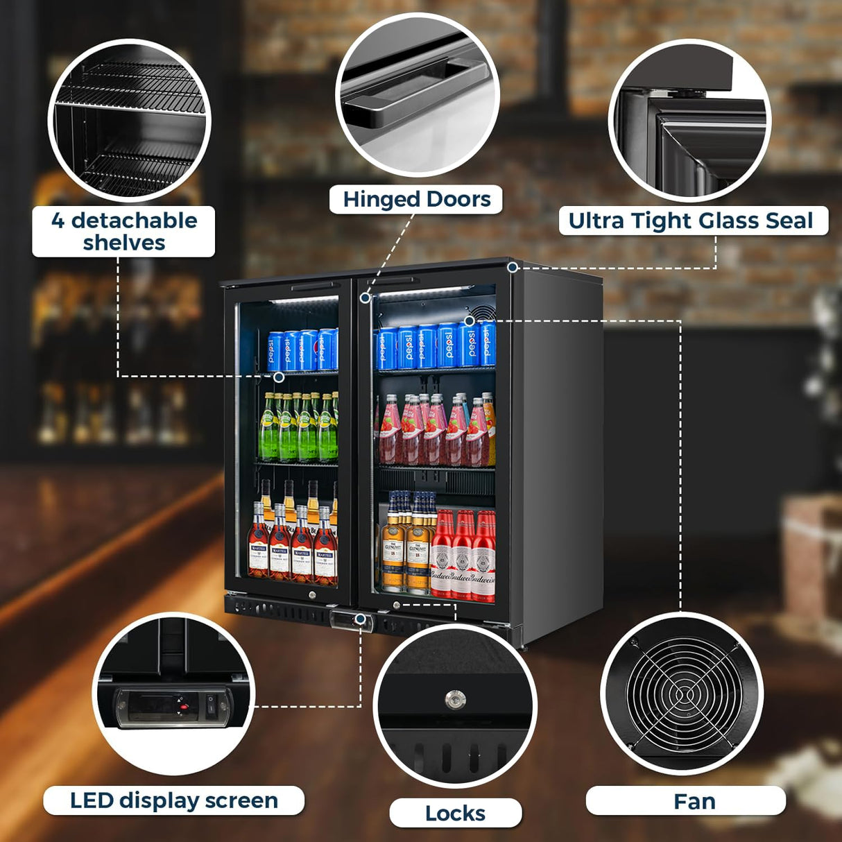 Bluelinecool Back Bar Cooler with 2 Glass Doors, Under Counter Beverage Refrigerator, 7.4 cu.ft Mini Fridge Cooler with LED Lighting for Soda Drinks, Beer, Wine Bluelinecool