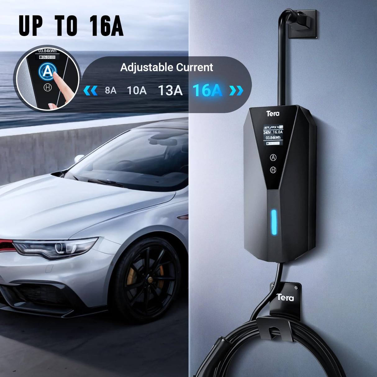 Tera Electric Vehicle Charger Portable: Level 2 & 1 J1772 16A 8A 110V 240V ETL NEMA 6-20 Plug Indoor & Outdoor EV Charging Station with NEMA 5-15 Adapter Cord 23FT Cable B08 Tera