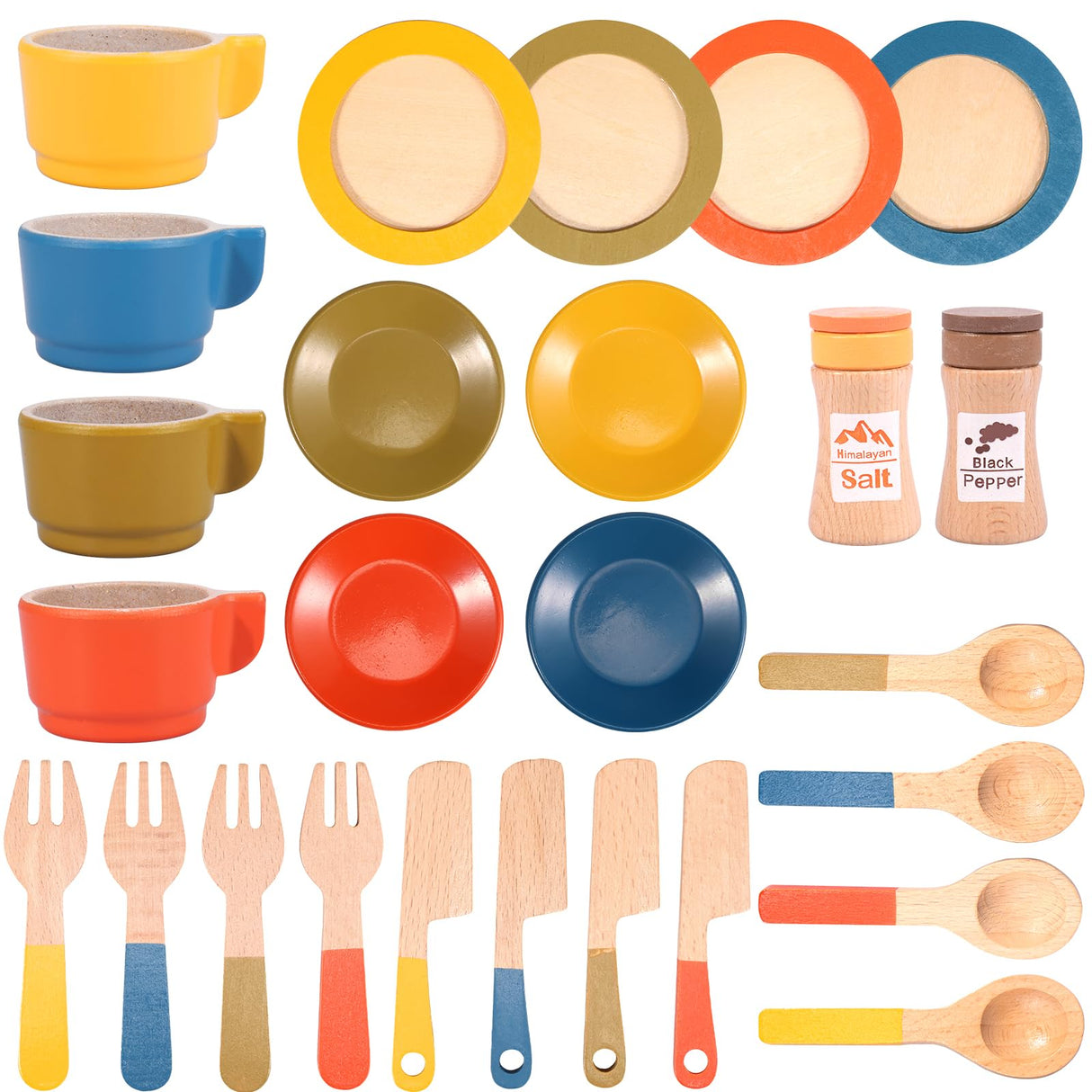 FALESOUL 26Pcs Wooden Toy Kitchen Dish Set, Toddler Plates and Cutlery Set Toy with Plates Cups Spoons, Toy Kitchen Accessories Kids Role Play Gift for Age 3+ Years FALESOUL