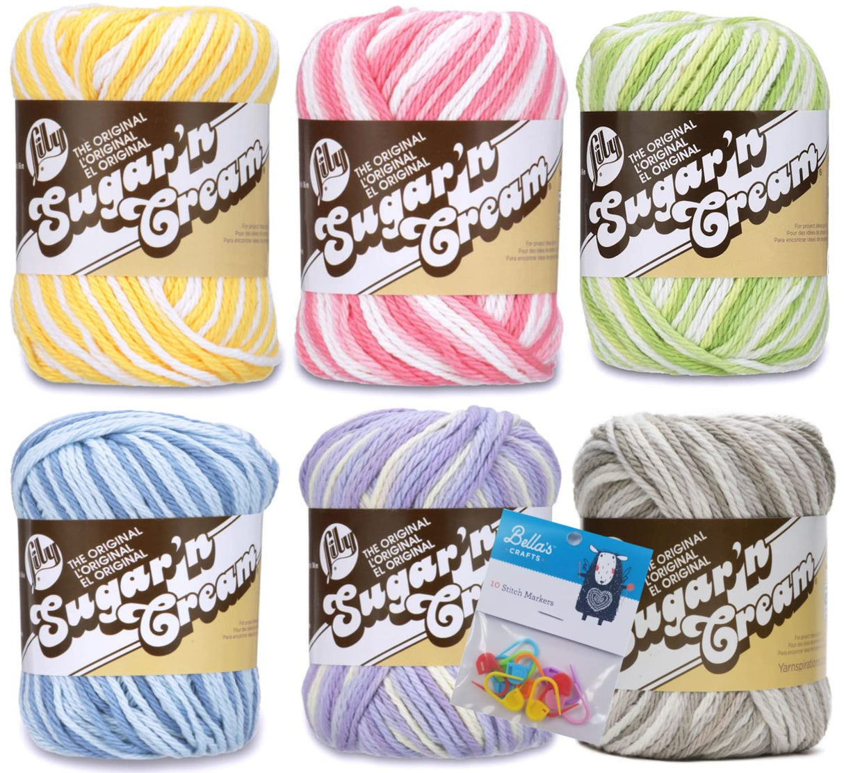 Lily Sugar'n Cream 100% Cotton Yarn 6-Pack Bundle with Bella's Crafts Stitch Markers (Pastel Ombres) Bella's Crafts