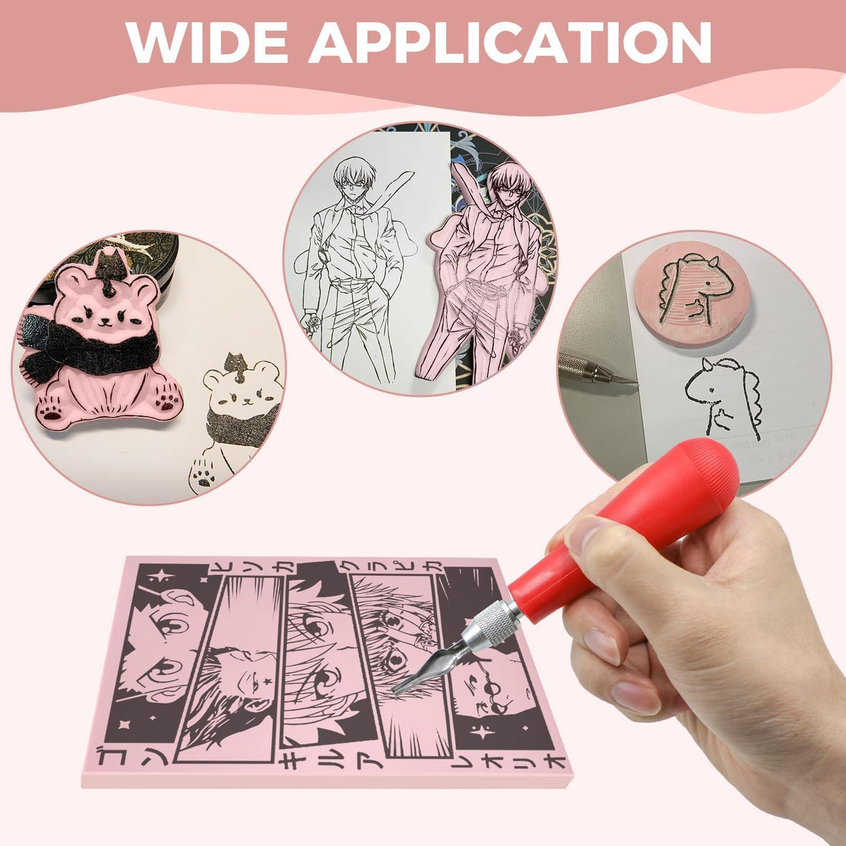 5 Pack 4x6 Pale Pink Rubber Stamp Carving Blocks Linoleum Block with Linoleum Cutter and Rubber Brayer Roller for Stamp Maker Printmaking Supplies Lyzskco