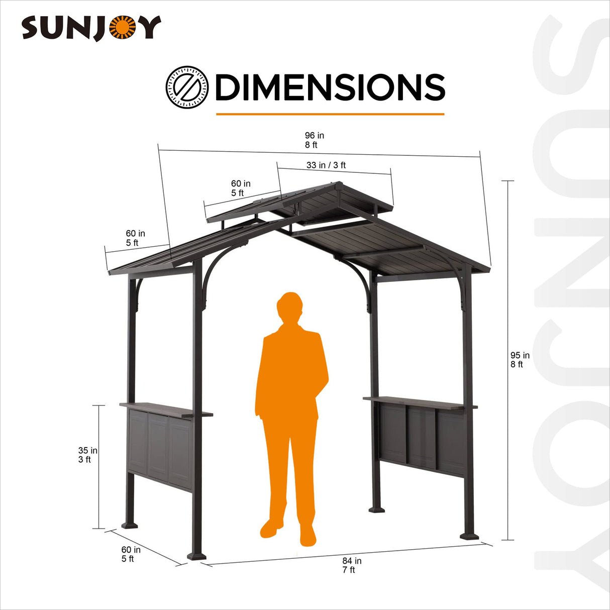 Sunjoy Grill Gazebo 5 ft. x 8 ft. Brown Steel Frame Double Tiered Hardtop Gazebo with Ceiling Hook and Shelves Sunjoy