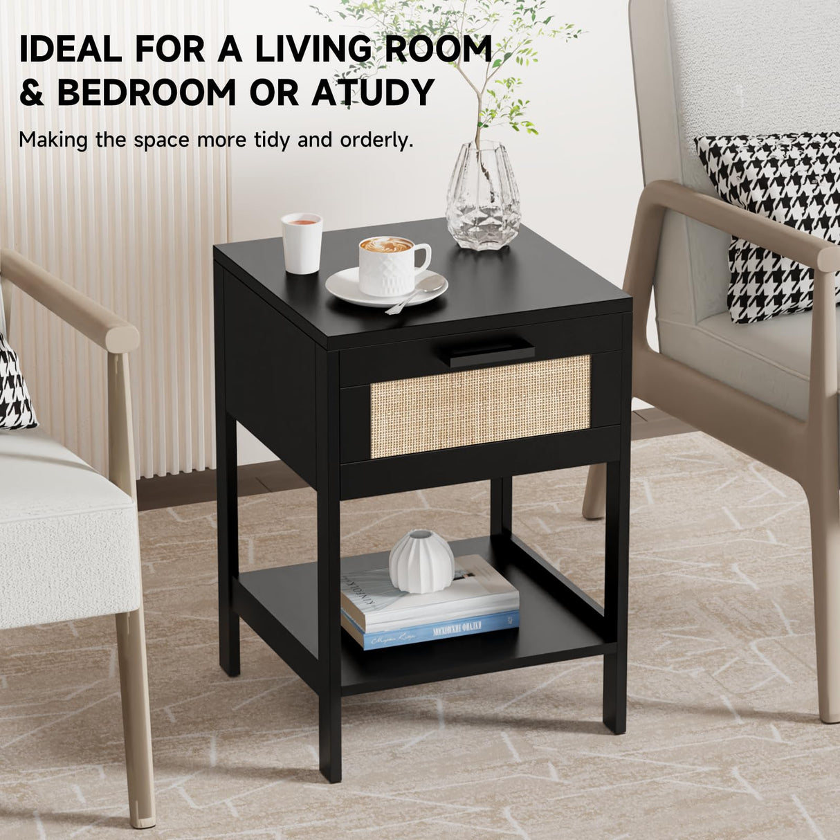 Derfullo Rattan Nightstand Set of 2 - Rattan Decor Drawer Night Stand Natural Wood Bedside Table Boho End Table Side Table with Storage Shelf Derfullo