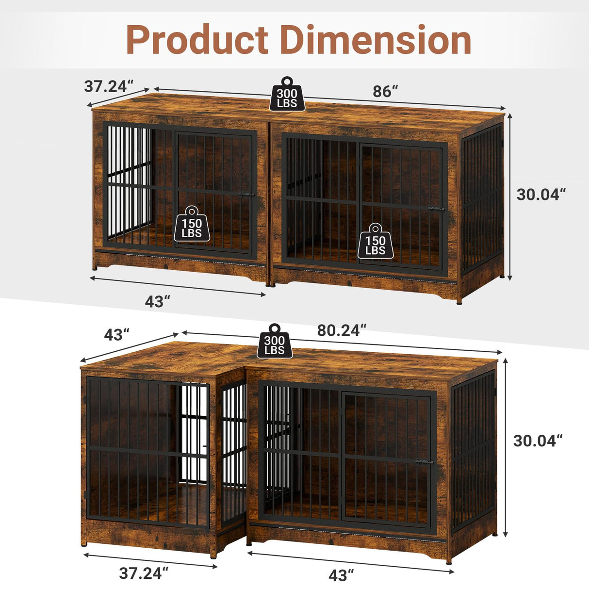 Yafylly 86 Inch Double Dog Crate Furniture with Divider, 4 Combination Forms Large Dog Kennel Furniture for 2 Dogs, Rustic Brown Corner Dog Kennel for Small Medium Large Dogs Yafylly