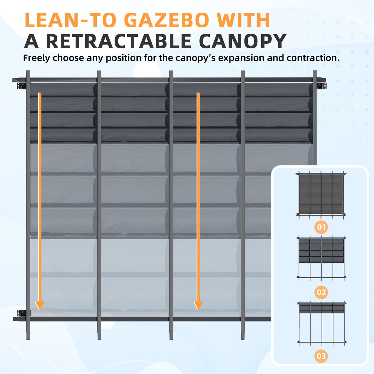 AECOJOY 10' x 8' Gazebo for Patio, Retractable Pergola with Adjustable Sun Shade Canopy Roof, Small Wall-Mounted Lean to Outdoor Pergolas and Gazebos Clearance, Metal Awnings for Decks, Patio AECOJOY
