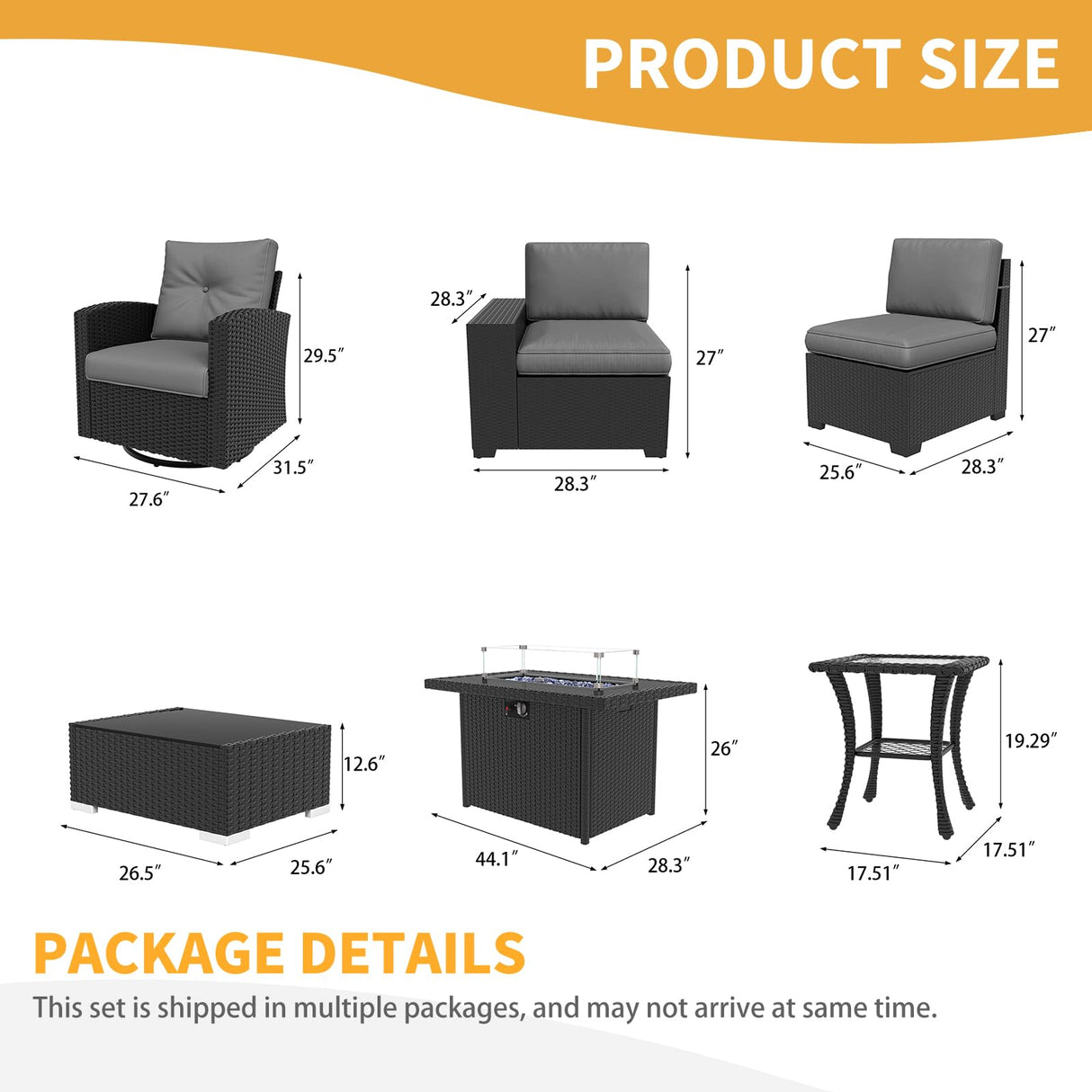 LayinSun 10 Pieces Patio Furniture Set with Fire Pit Table, Black Rattan Modular Sectional Outdoor Conversation Sofa Set, Swivel Rocking Chairs Set LayinSun