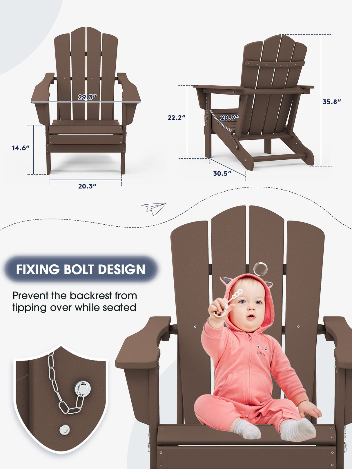 KINGYES Folding Adirondack Chair, HDPE All-Weather Folding Adirondack Chair, Brown KINGYES