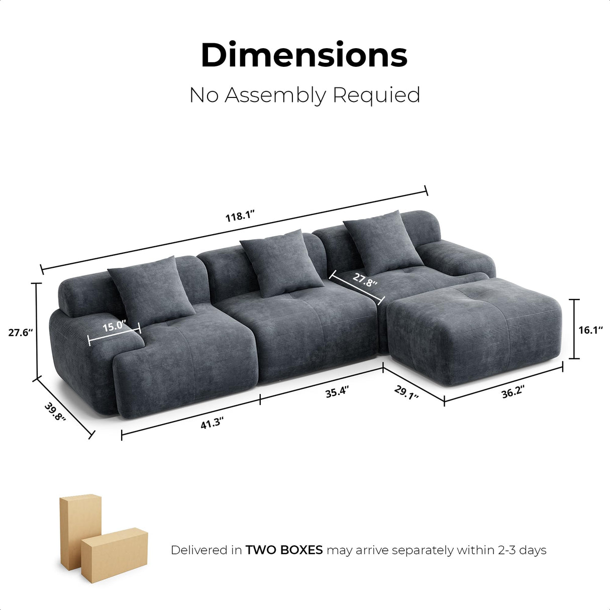 LIKIMIO 118" L-Shaped Modular Sectional Sofa for Living Room, Oversized 3-Seater Couch with Deep Seat, Movable Ottoman, No Assembly Needed, DIY Combination, Corduroy Upholstery, Dark Grey LIKIMIO