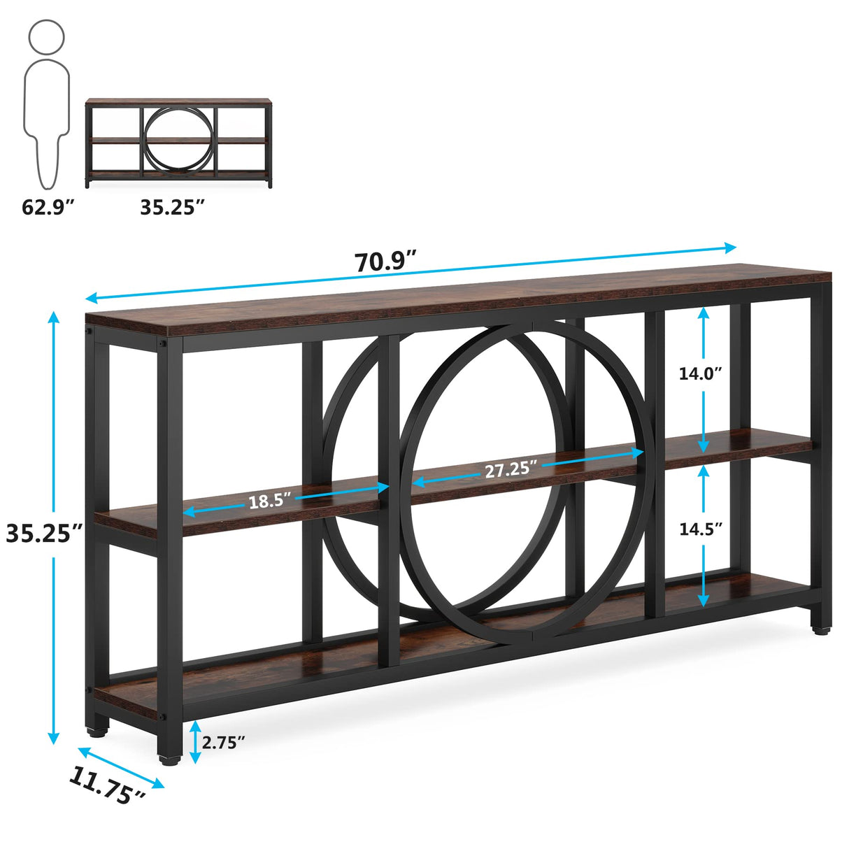 Tribesigns Extra Long Console Table, 70.9 inch Narrow Sofa Tables with 3 Tier Wood Storage Shelves Industrial Metal Frame for Entryway Hallway Living Room Behind Couch, Rustic Brown Black Tribesigns
