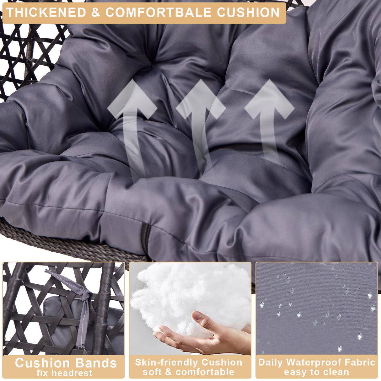 Double Hanging Swing Egg Chair with Stand, Hexagon Wicker Hammock Swing Chair for Outdoor Garden Patio, 2 Person Egg Chair with Foldable Loveseat Removable Cushions (Dark Grey) WALTSOM