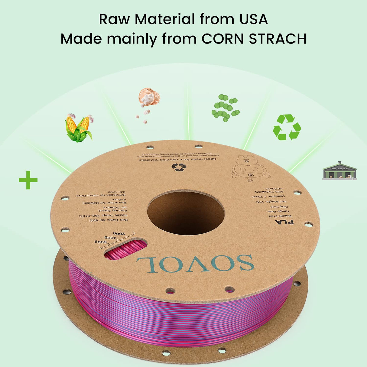 Sovol Dual Color PLA Filament 1.75mm, Silk PLA 3D Printing Material, Dual Color Filament Rose Blue 2 in 1 Coextrusion PLA Filament +/-0.02mm, 1kg/2.2lbs Sovol