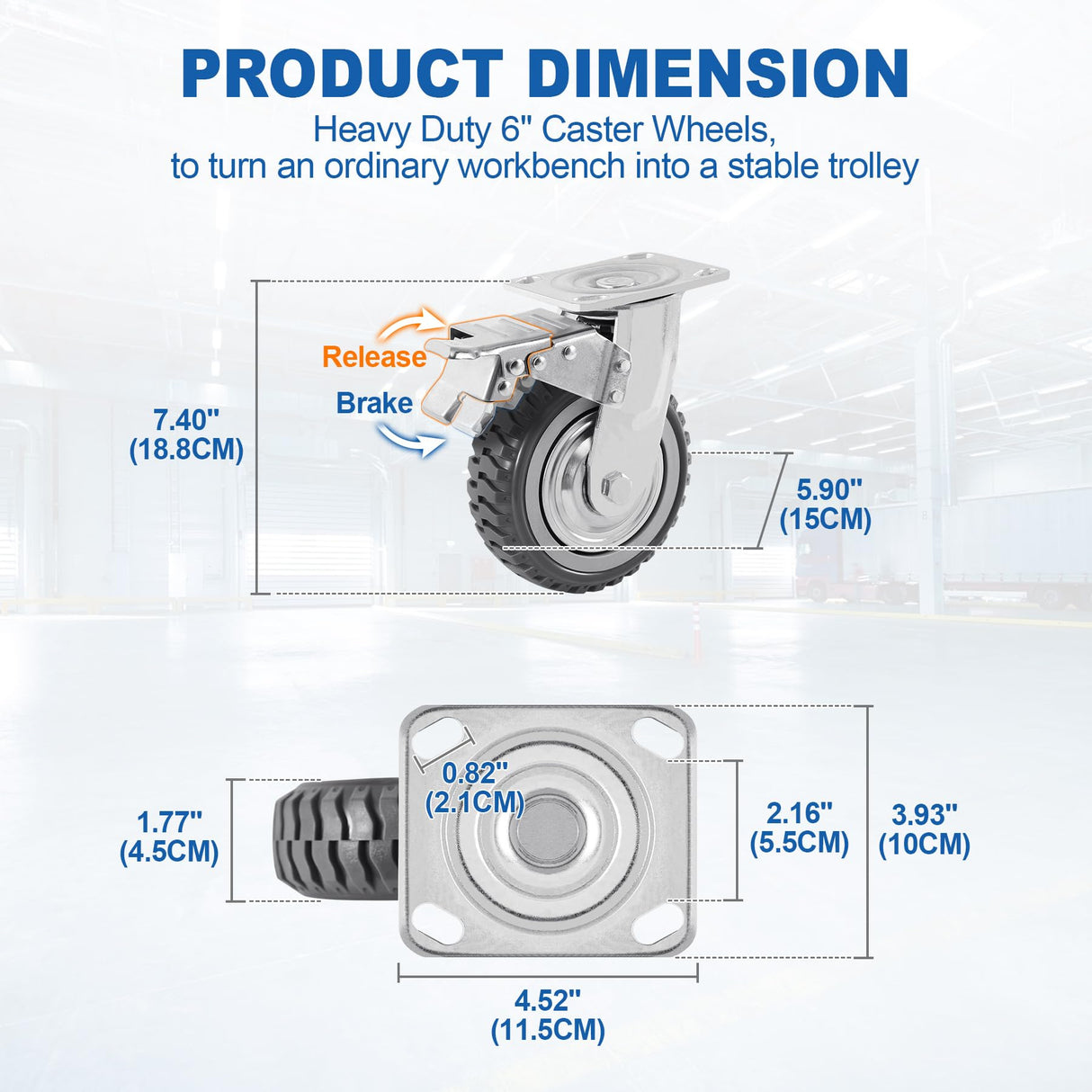 TRY-YEAN 4 Pack 6 Inch Heavy Duty Caster Wheels, Anti-Skid All Swivel Industrial Casters 2204lbs, 360 Degree Top Plate, 2 w/Brakes 2 No Brakes Polyurethane Plate Casters for Cart Furniture Workbench TRY-YEAN