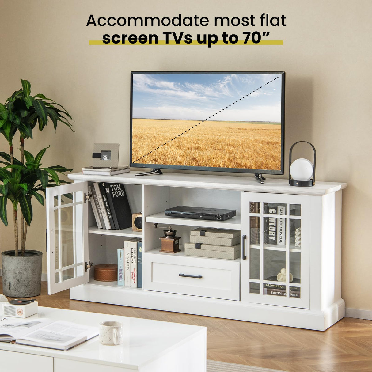 Tangkula Farmhouse TV Stand for TV up to 70 Inch, Tall Media Console Table with 2 Glass Doors, Entertainment Center with Cubbies & Drawer, Storage Cabinet or Sideboard Buffet for Living Room (White) Tangkula