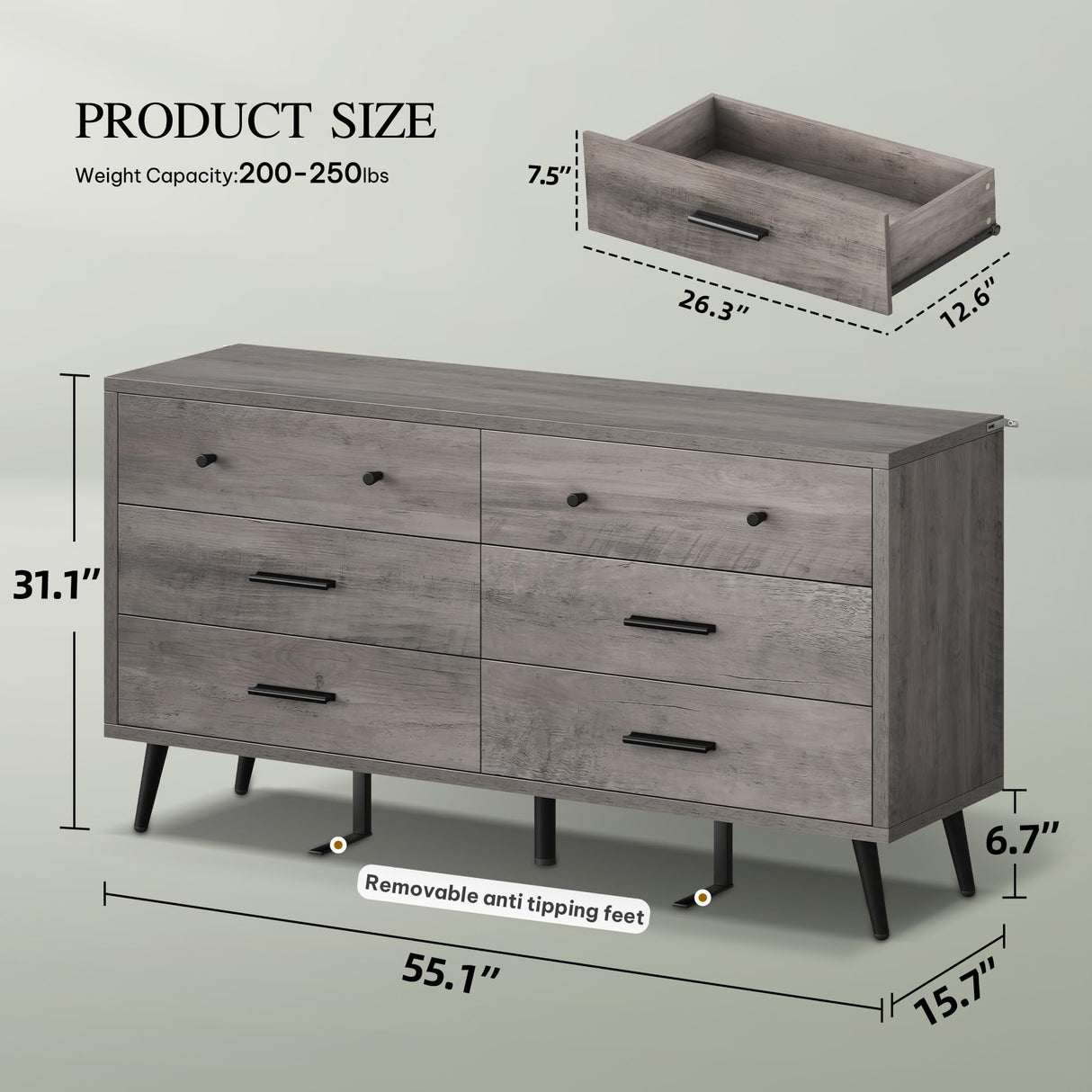 DWVO Grey 6 Drawers Dresser/Modern Wood Chest of Drawers with Black Metal Handle&Anti-Tipping Device/Modern Double Dresser Storage Cabinet for Entryway/Living Room-15.7" Dx55.1 Wx31.1 H DWVO