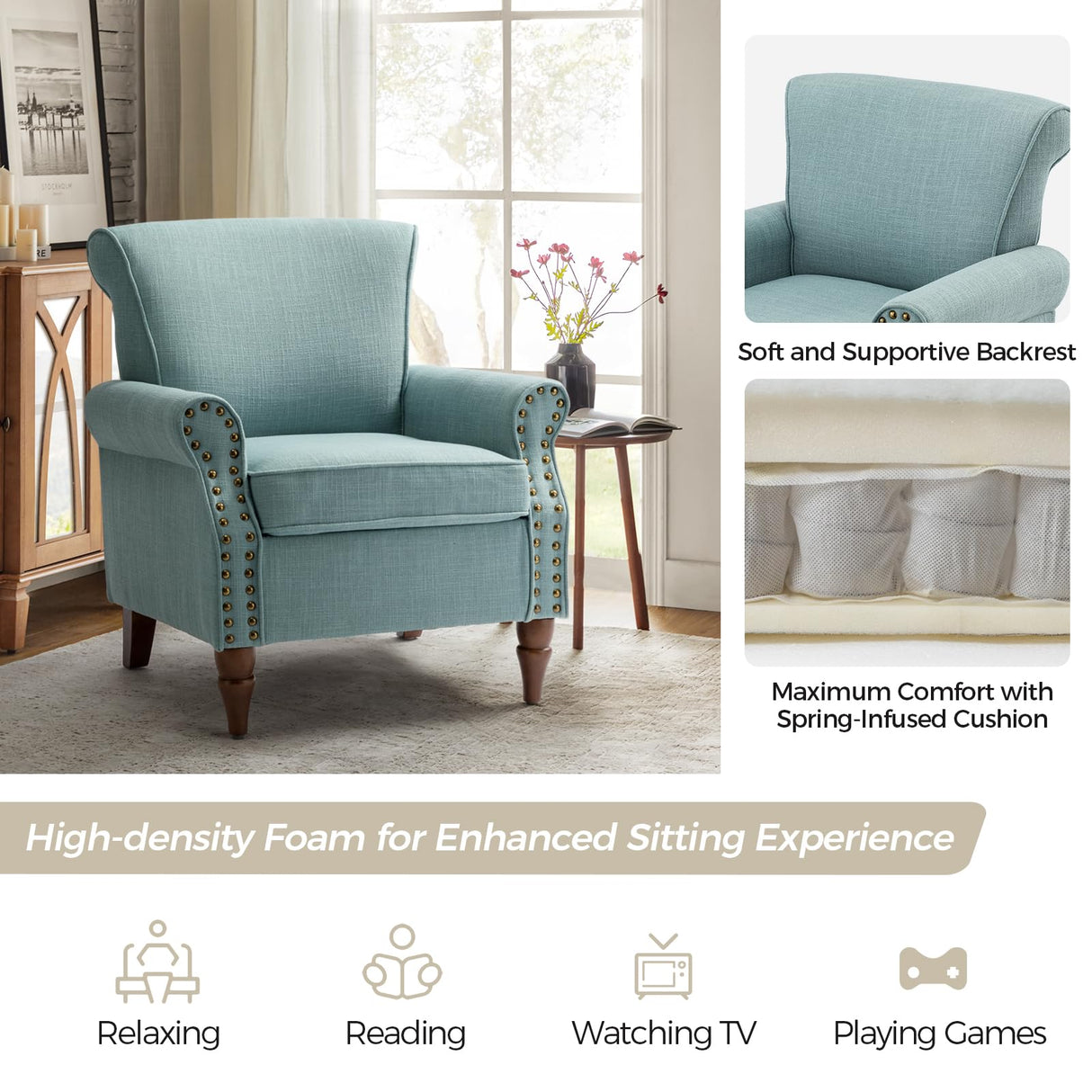 HULALA HOME Accent Chair with Wood Legs & Removable Cushion, Modern Wingback Armchair with Nailhead Trim, Comfy Upholstered Lounge Chair, Single Sofa Chairs for Living Room Bedroom, Blue HULALA HOME