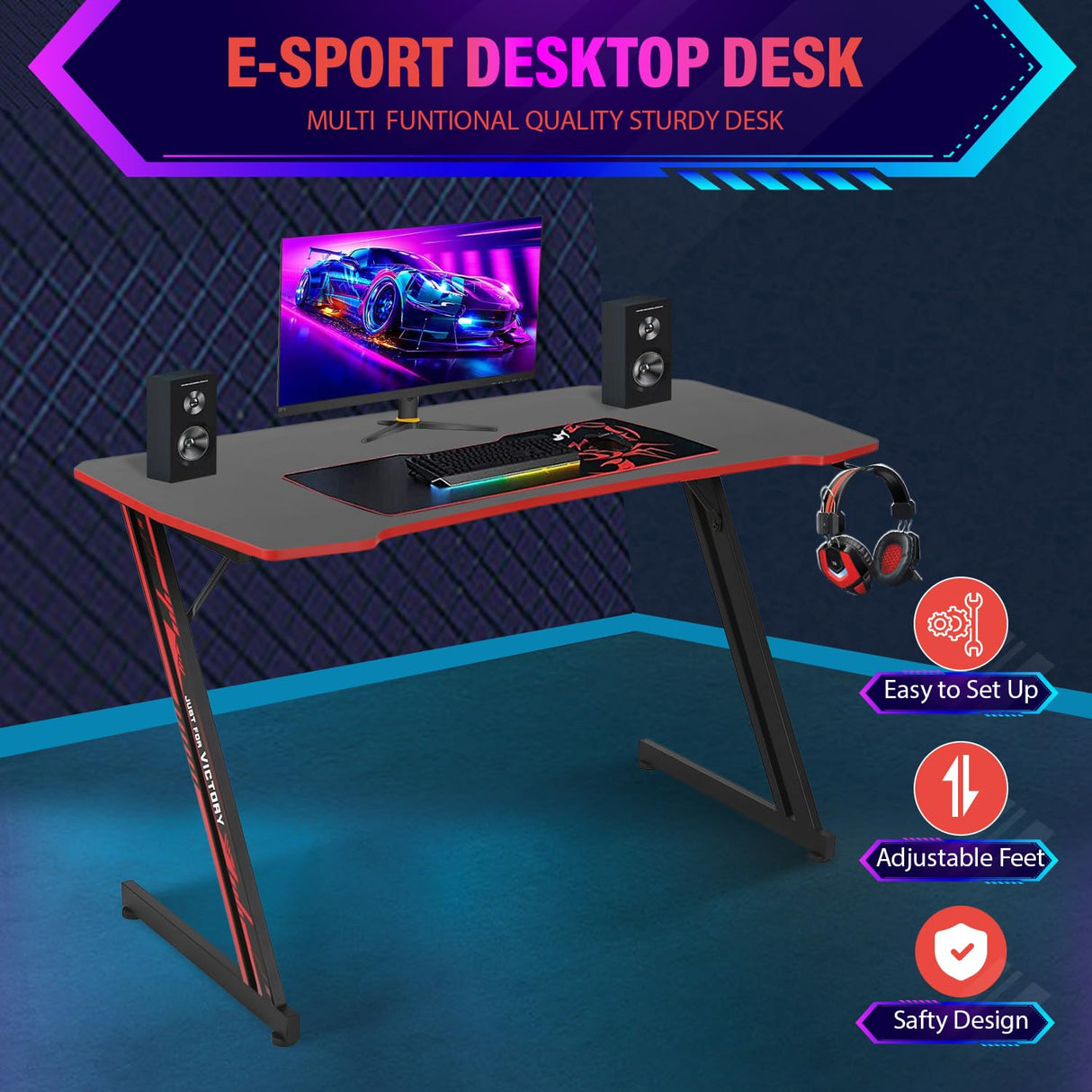 PayLessHere 47 Inch Modern Z-Shaped Gaming Desk Computer Desk for Home Office with Headphone Hook - Sturdy Workstation Table with Spacious Desktop,Red PayLessHere