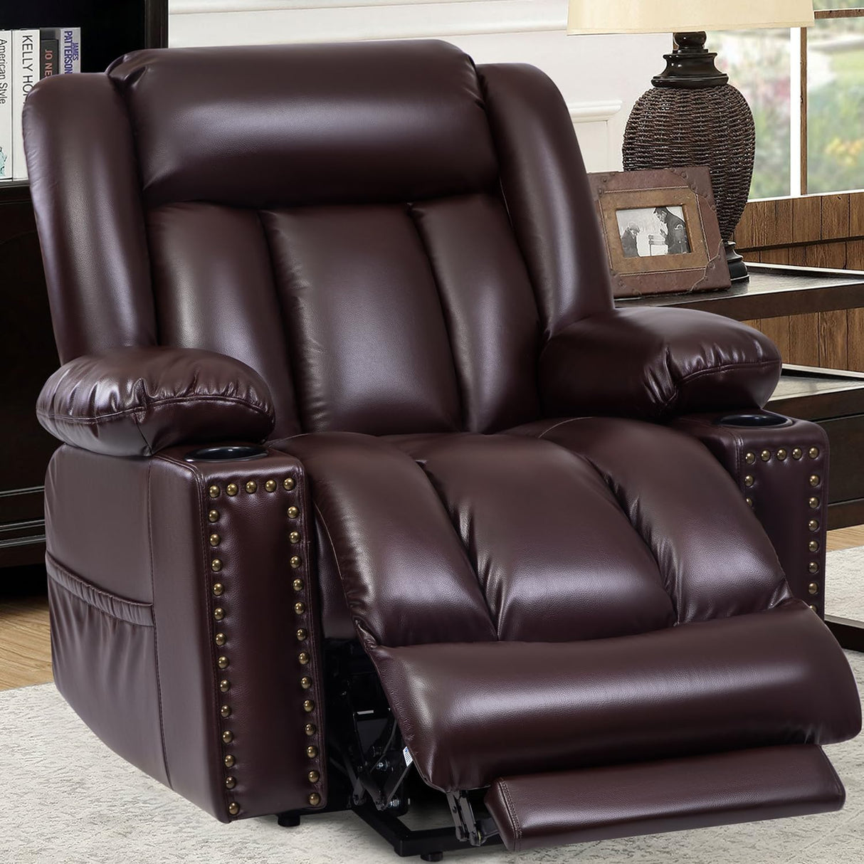 Large Power Lift Chairs Recliners for Elderly with Heated and Massage, Overstuffed Adjustable Lift Chairs, 3 Positions, Breathable Leather, USB-A and USB-C, Cup Holder, Side Pocket Dark Brown Cfvyne