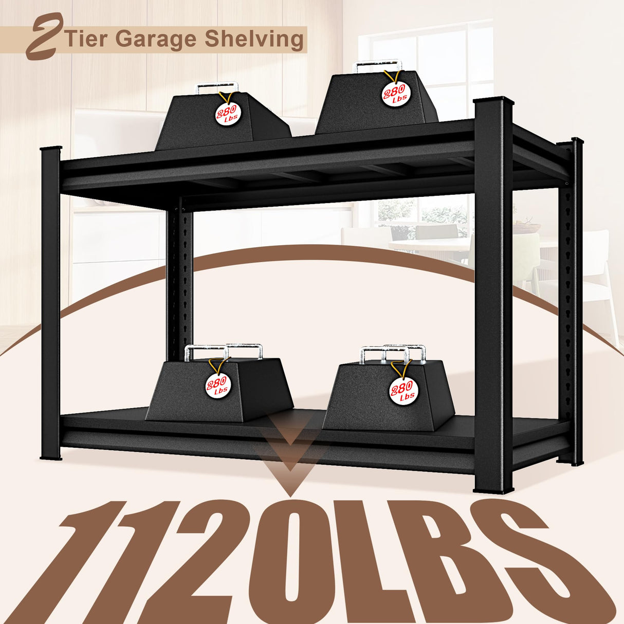 Rufokisa 48" W 2-Tier Garage Shelving Heavy Duty, 1120LBS Loads Garage Storage Shelves, Metal Shelving Units and Storage Racks, Industrial Utility Shelf Heavy Duty,48" Wx16 Dx39 H, Black Rufokisa