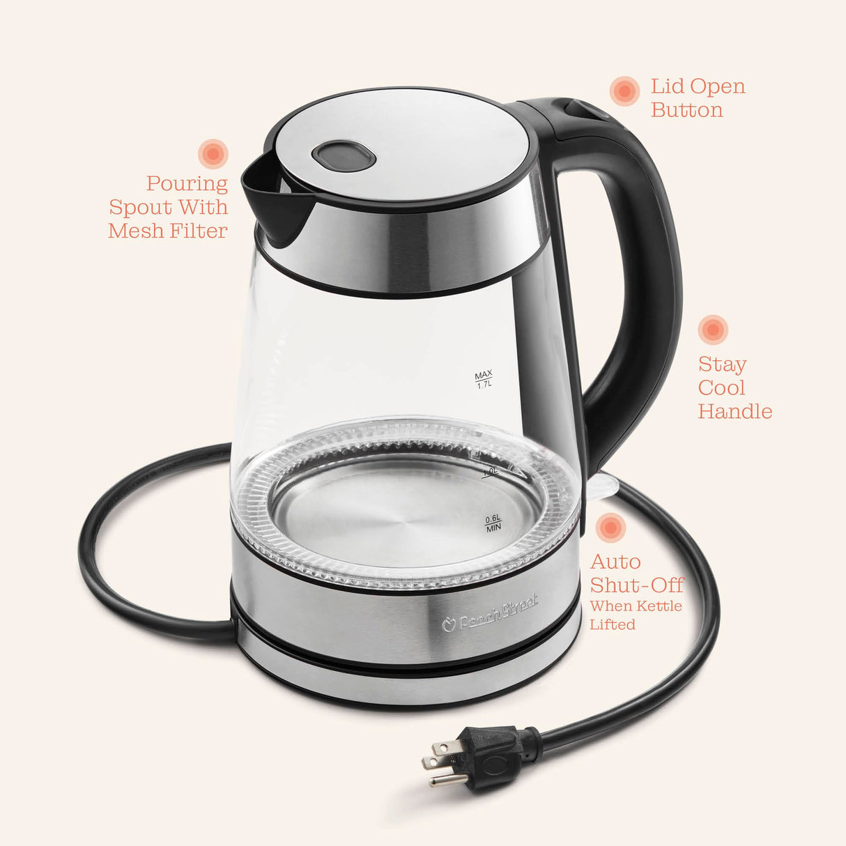 Speed-Boil Electric Kettle For Coffee & Tea - 1.7L Water Boiler 1500W, Borosilicate Glass, Easy Clean Wide Opening, Auto Shut-Off, Cool Touch Handle, LED Light. 360° Rotation, Boil Dry Protection Peach Street