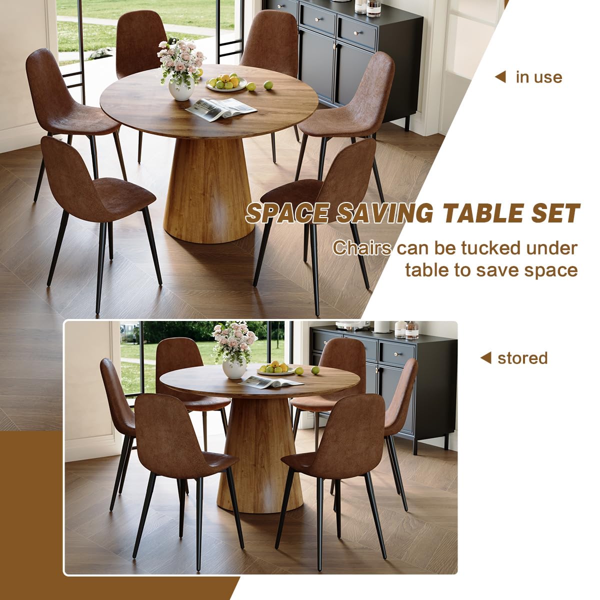 BAOPIN Round Dining Table Set for 6, 45''Round Wooden Dining Set with Cushioned Chairs, Round Table and Chair Set for Kitchen and Living Room (Wood Table+Style 1 Brown Chairs, 45'' Table+6 Chairs) BAOPIN