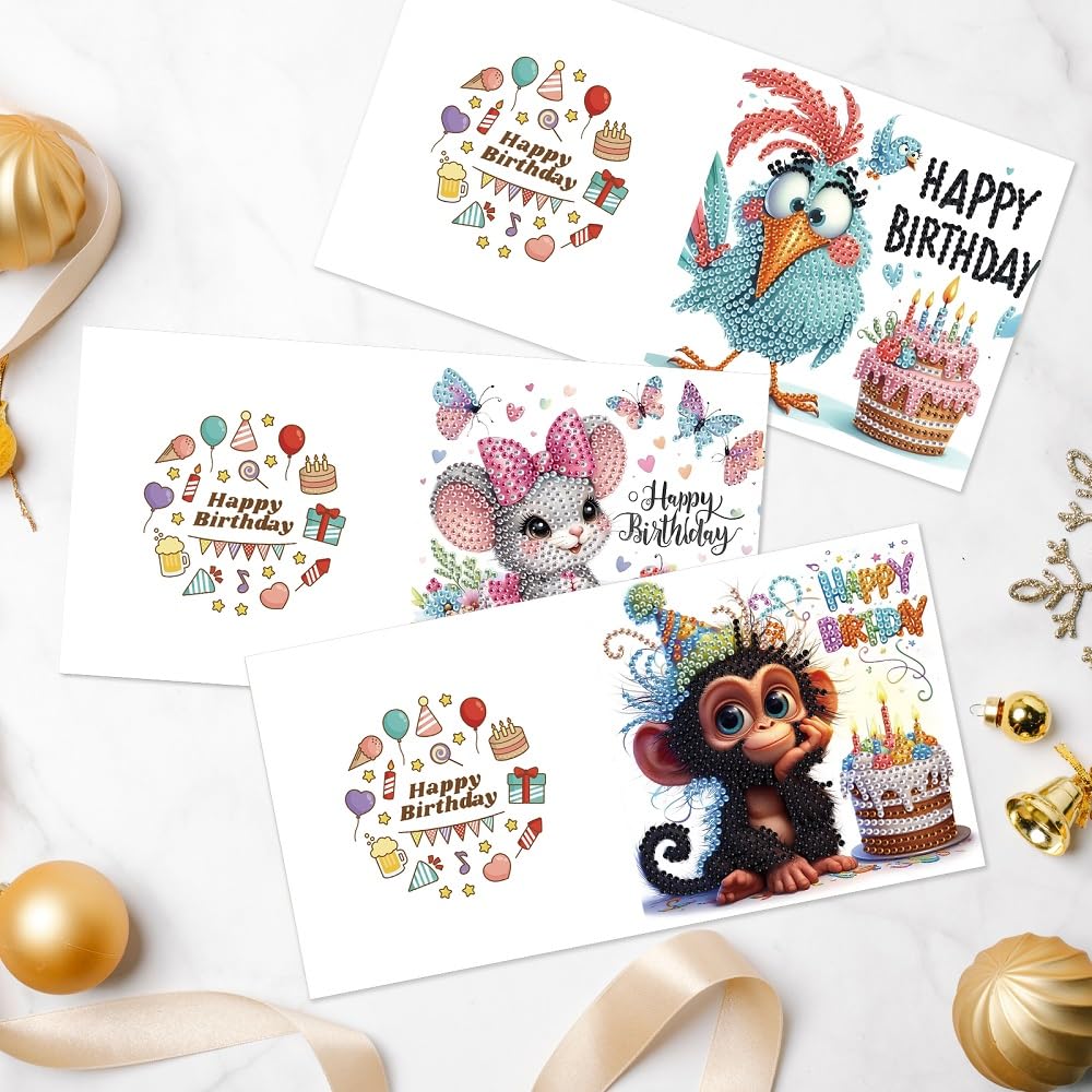6-Pack Pets Birthday Diamond Painting Greeting Card Kits, Special Shaped Diamonds Painting, DIY Handcraft for Relatives and Friends with Wishes,Unique Design Crafting for Birthday Cards Focart