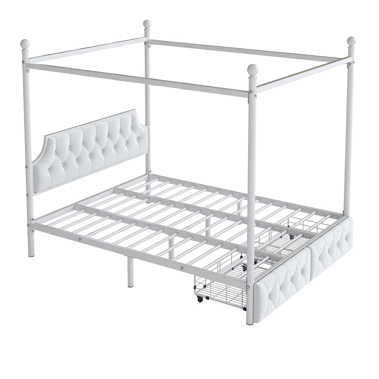 SOFTSEA Metal Canopy Bed Frame Queen Size Upholstered Canopy Bed Frame with 2 Drawer, Four-Poster Metal Platform Bed with Upholstered Headboard, White SOFTSEA