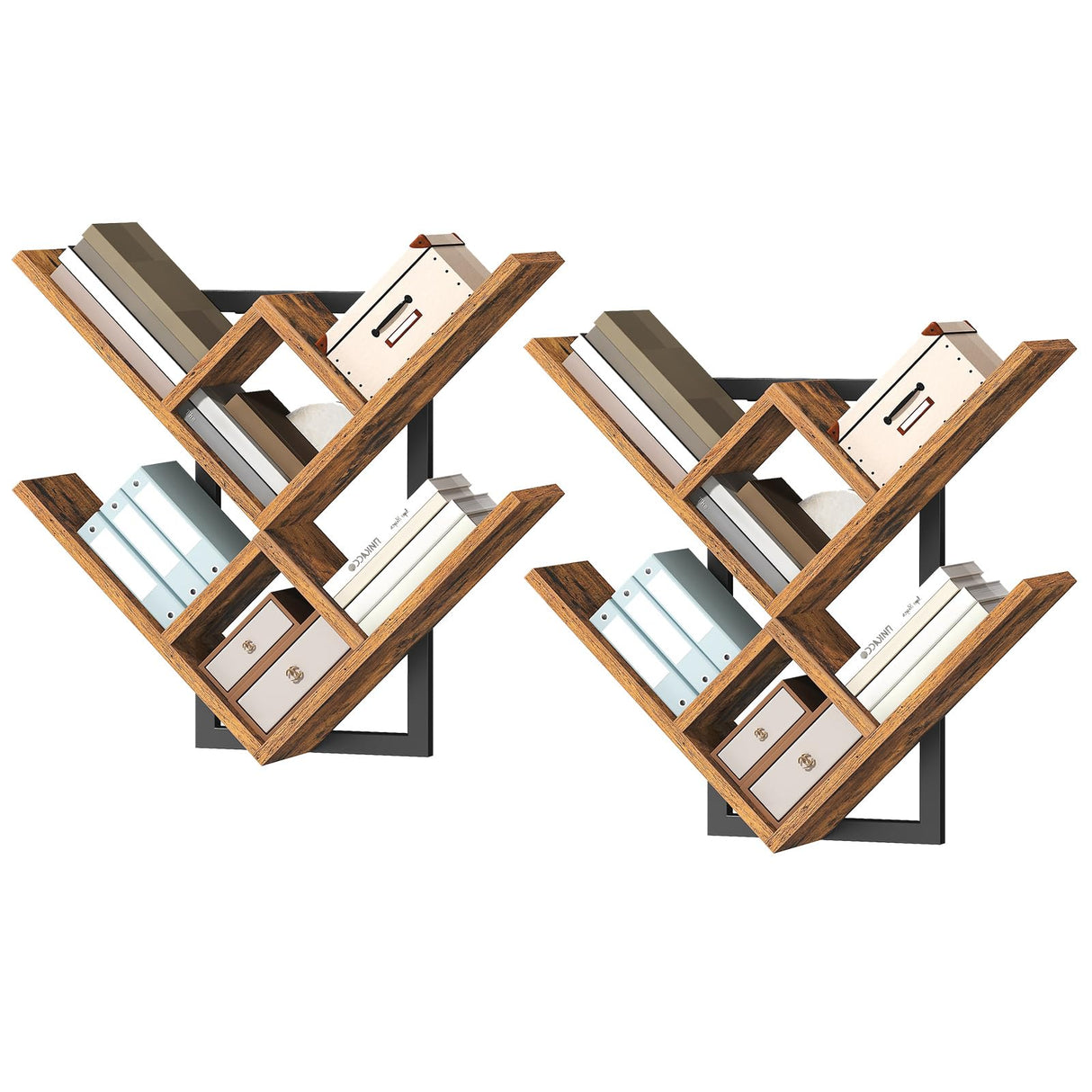 HOOBRO Floating Shelves for Wall, Set of 2 Wall Mounted Shelves, 2-Tier Wooden Tree Bookshelf, Hanging Shelves Storage Rack, for Living Room, Kitchen, Office, Rustic Brown and Black BF54BJP201 HOOBRO