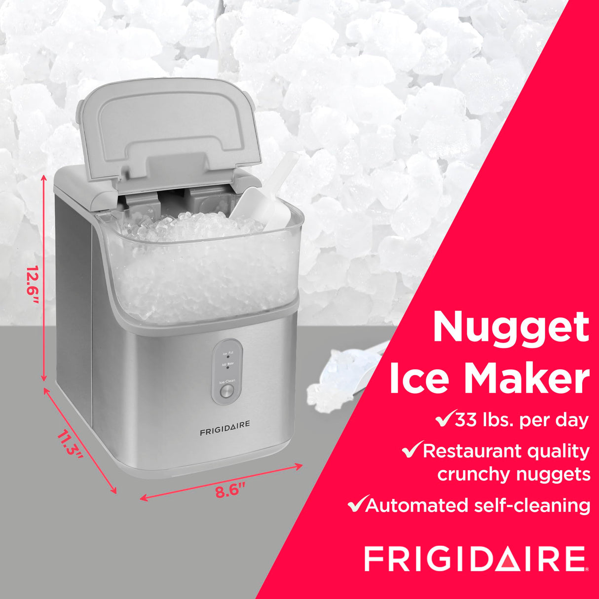 Frigidaire Countertop Crunchy Chewable Nugget Ice Maker, Compact, 33lbs per Day, Metallic Finish Frigidaire
