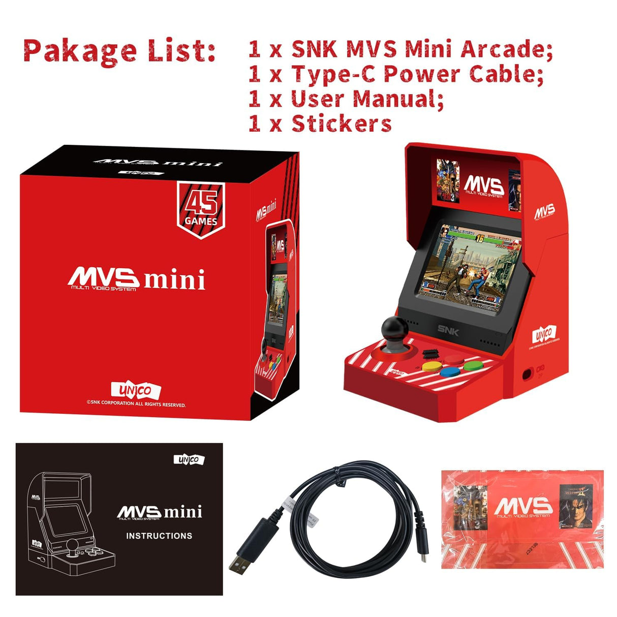 UNICO SNK MVS Mini Home Arcade Machine, 45 Pre-Loaded Classic SNK NeoGeo Games:10 KOF / 5 Metal SLUG / 7 FATAL FURY / 6 SAMURAI SHODOWN and More, 3.5inch Screen, HDMI and Gamepads Port UNICO