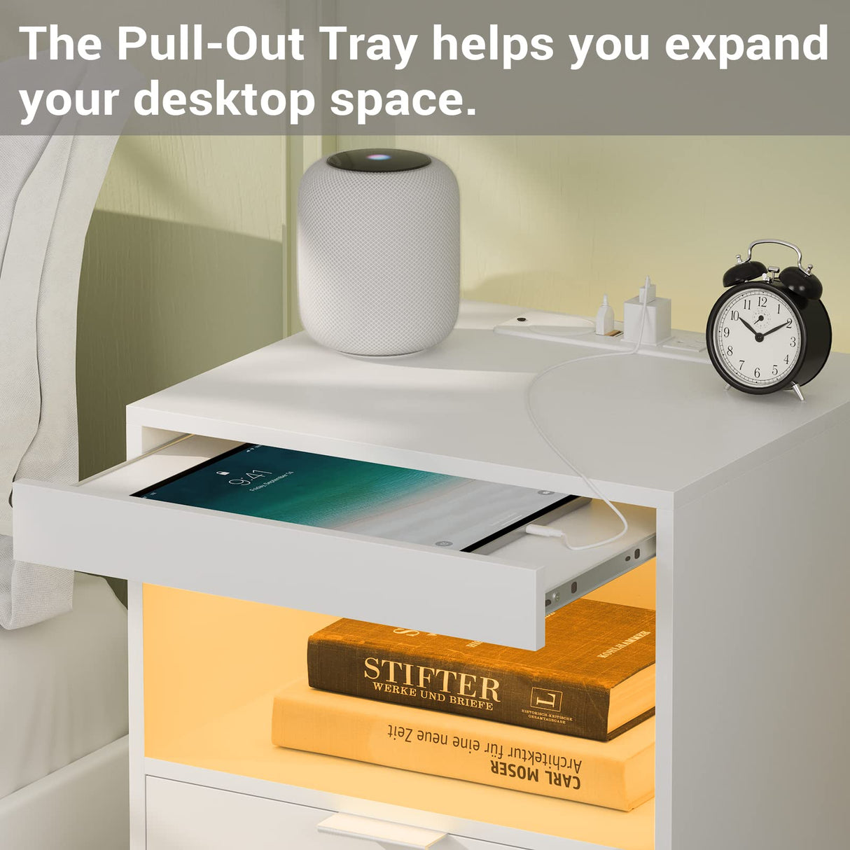 Tiptiper LED Nightstand with Wireless Charging Station, Bedside Table with LED Lights, End Table with 2 Drawers, 1 Pull-Out Tray and Open Storage, Modern Night Stand with USB Ports and Outlets, White Tiptiper