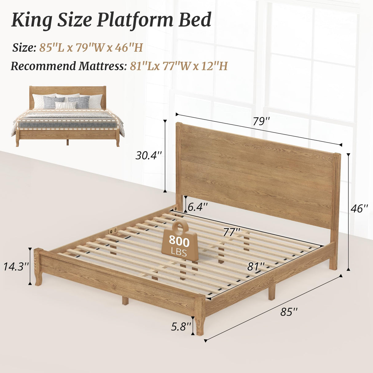 Cozyman Solid Oak King Platform Bed Frame with Headboard – No Box Spring Needed, 800lb Capacity, Easy Assembly, Dark Oak Finish Cozyman
