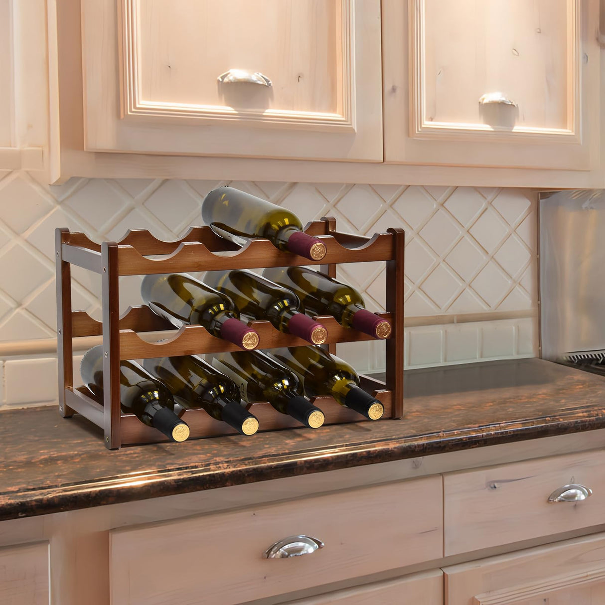 IWNTWY Wine Rack, 12 Bottles 3-Tier Free Standing Wine Racks, Bamboo Wine Rack Countertop Holder Storage Shelf for Kitchen Cabinet Dining Room Bar (Brown) IWNTWY