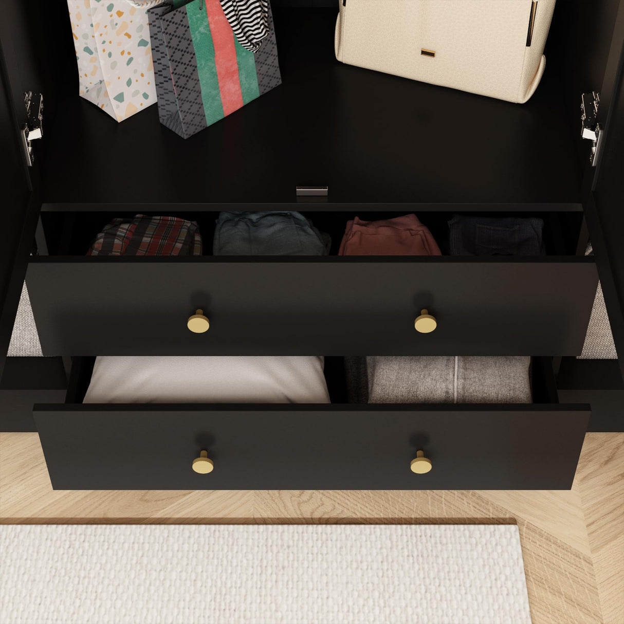 Hitow Rattan Large Wardrobe Closet with 2 Drawers and Doors, Hobo Wooden Cabinets for Clothes with 8 Shelves and 2 Hanging Rods, Wooden Wardrobe Closet for Bedroom, Black, 19.6" D x 63" W x 78.7" H Hitow