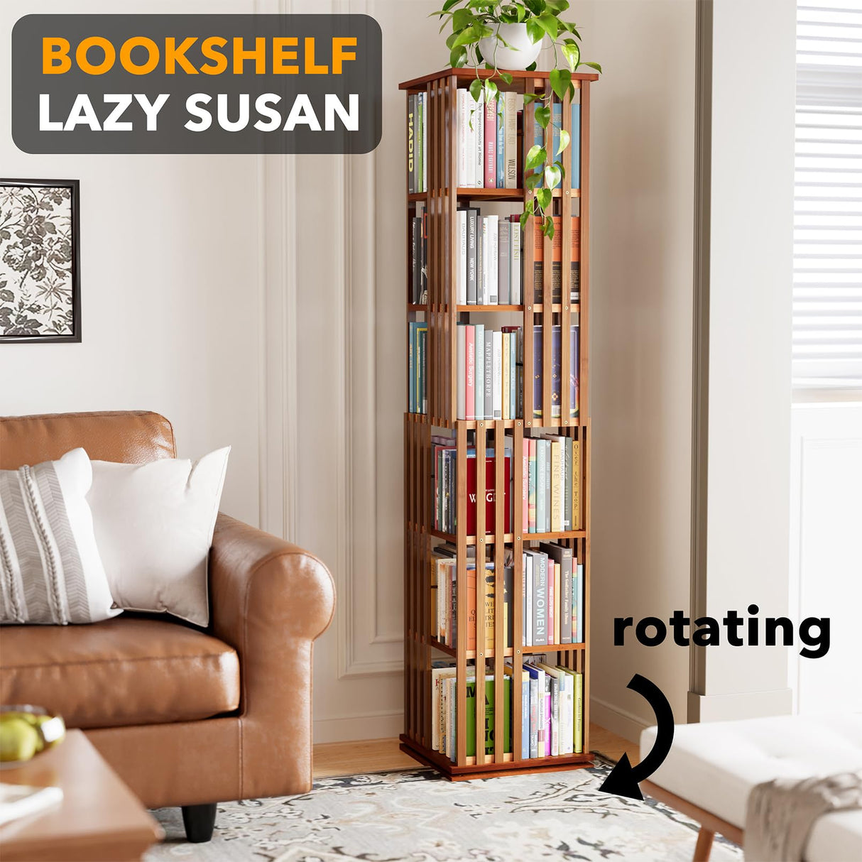 SpaceAid 6 Tier Rotating Bookshelf Tower, Bamboo Spinning Book Shelf, Revolving 360 Bookcase Storage Swivel Round Carousel, Vertical Rotate Turning Spiral Corner Organizer (6-Tier Walnut) SpaceAid