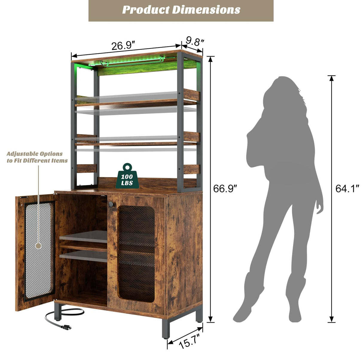 Aheaplus Bar Cabinet with Power Outlets, 67" Tall Wine Bar Cabinet Liquor Cabinet with LED Lights & Glass Holder, Coffee Bar Station for Living Room, Microwave Stand Bakers Rack Cabinet, Rustic Brown Aheaplus