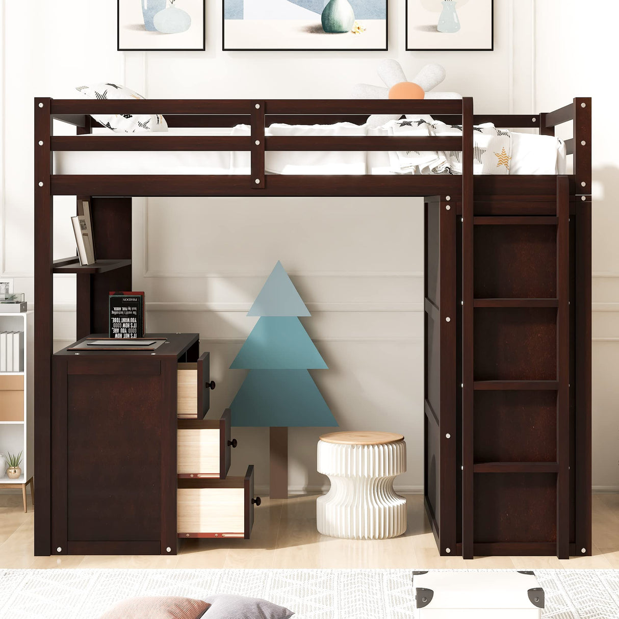Harper & Bright Designs Twin Loft Bed with Desk and Wardrobe,Solid Wood Loft Bed Frame Twin with Storage Drawers for Kids Teens Adults,No Box Spring Needed,Espresso Harper & Bright Designs