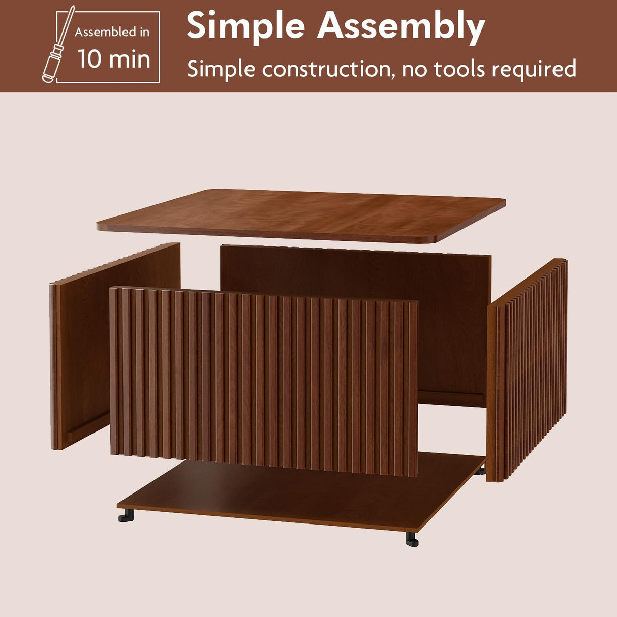 Fluted Square Coffee Table with Storage Large Wood Center Table with Solid Wood Veneer Top Mid Century Modern Low Coffee Table for Living Room, Rustic Brown HOKYHOKY